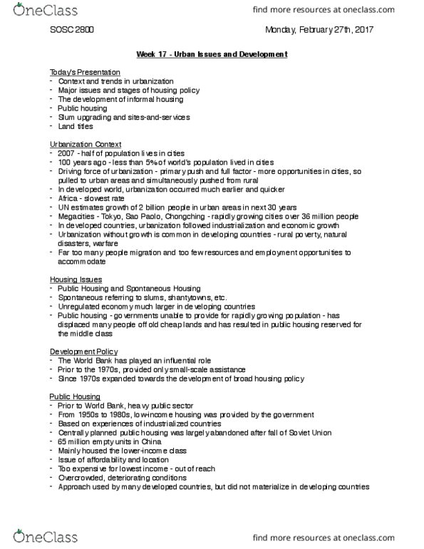 SOSC 2800 Lecture Notes - Lecture 17: Slum Upgrading, Megacity, Land Titling thumbnail