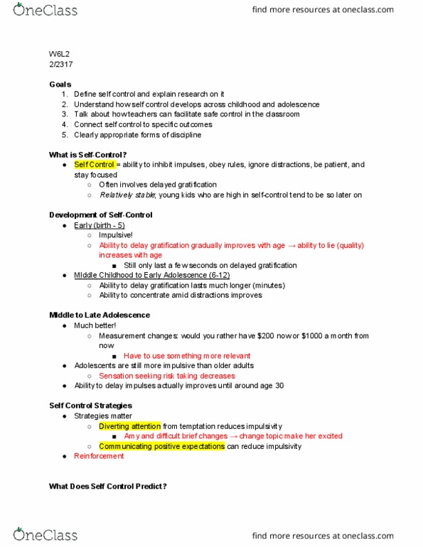 ED PSYCH 331 Lecture Notes - Lecture 6: Prefrontal Cortex, Self-Control, Sensation Seeking thumbnail