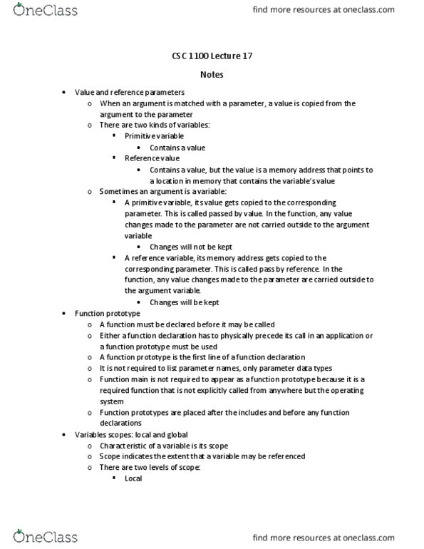 CSC 1100 Lecture Notes - Lecture 17: Function Prototype, Memory Address, Global Variable thumbnail