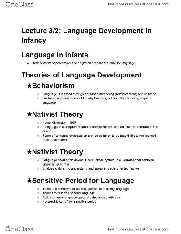 ED PSYCH 320 Lecture Notes - Lecture 1: Language Acquisition Device, Noam Chomsky, Universal Grammar thumbnail