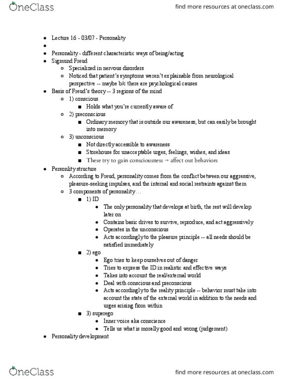 PSY BEH 9 Lecture Notes - Lecture 16: Internal Monologue, Unconscious Mind, Reality Principle thumbnail