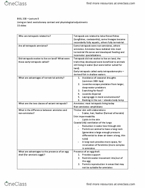 BIOL 330 Lecture Notes - Lecture 8: Tetrapod, Keratin, Appendicular Skeleton thumbnail