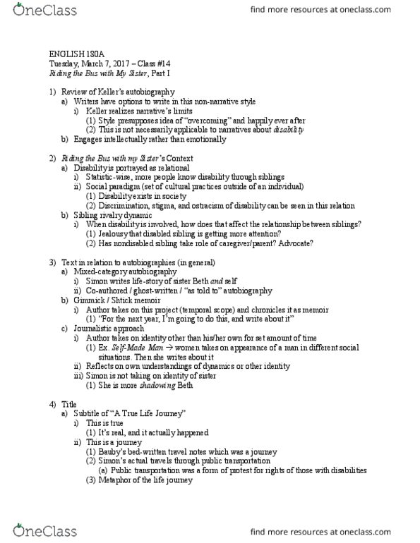 ENGLISH 180A Lecture Notes - Lecture 14: Sibling Rivalry, Intellectual Disability, True Life thumbnail