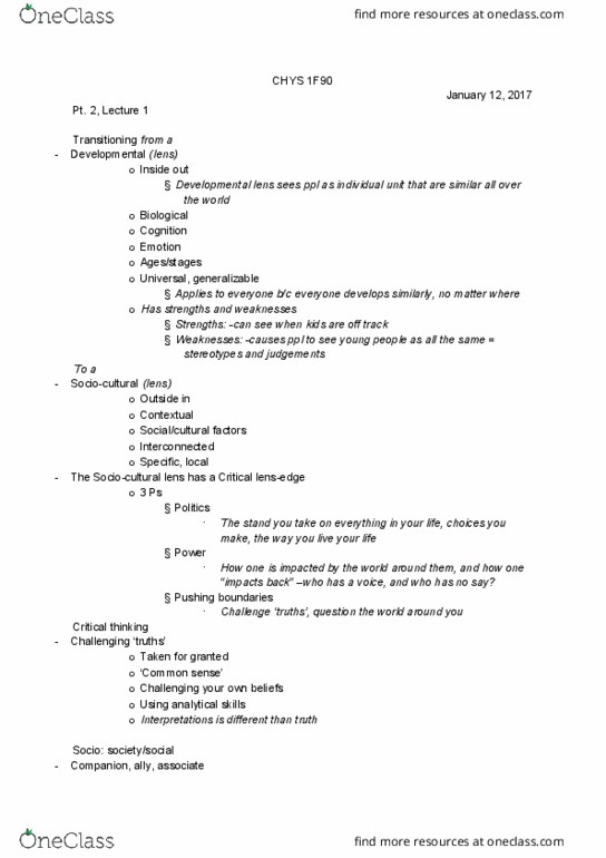 CHYS 1F90 Lecture Notes - Lecture 1: Antonio Gramsci, Critical Thinking, Social Inequality thumbnail