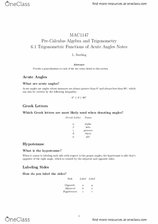 MAC1147 Lecture 1: 6.1 Trigonometric Functions of Acute Angles Notes thumbnail