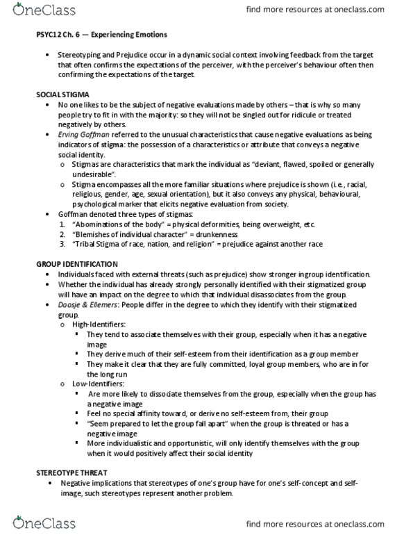 PSYC12H3 Chapter 6: PSYC12 Ch. 6 — Experiencing Emotions thumbnail