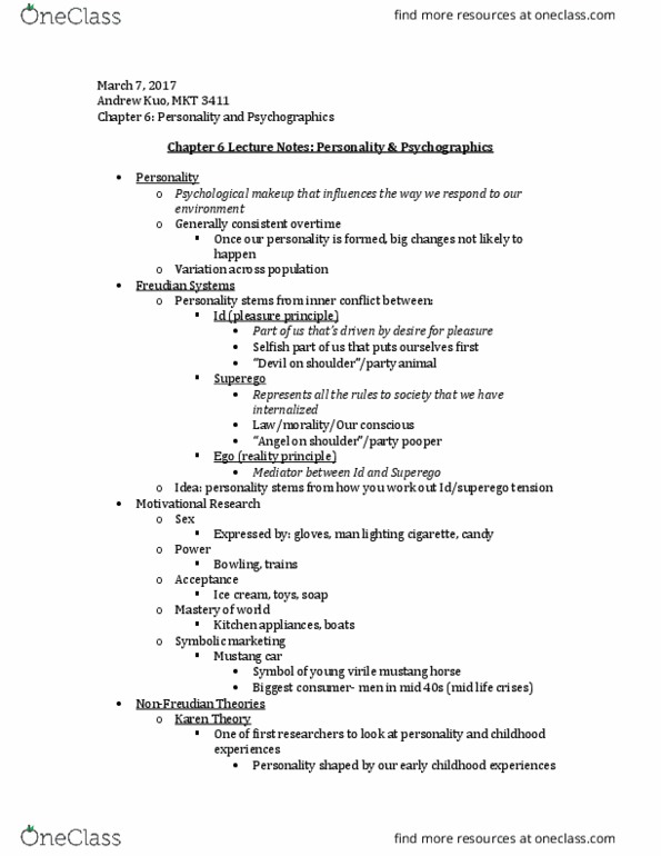 MKT 3411 Lecture Notes - Lecture 9: Mustang, Ice Cream, Psychographic thumbnail