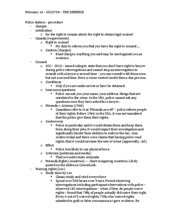 SOC 3730 Lecture Notes - Miranda Warning, Indictable Offence thumbnail