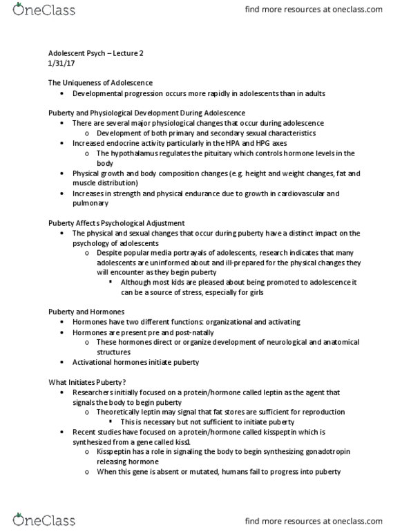 PSYCH 355 Lecture Notes - Lecture 2: Secondary Sex Characteristic, Kisspeptin, Gonadotropin-Releasing Hormone thumbnail