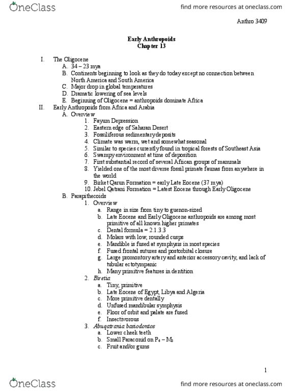 ANTHROP 3409 Chapter Notes - Chapter 13: Propliopithecus, Frontal Bone, Middle Ear thumbnail