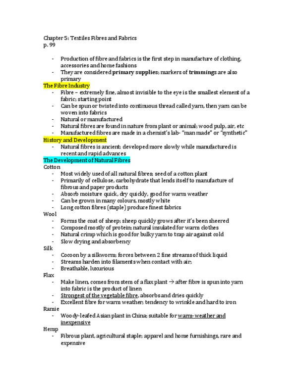 FSN 132 Chapter Notes - Chapter 5: Natural Fiber, Textile Manufacturing, Textile Industry thumbnail