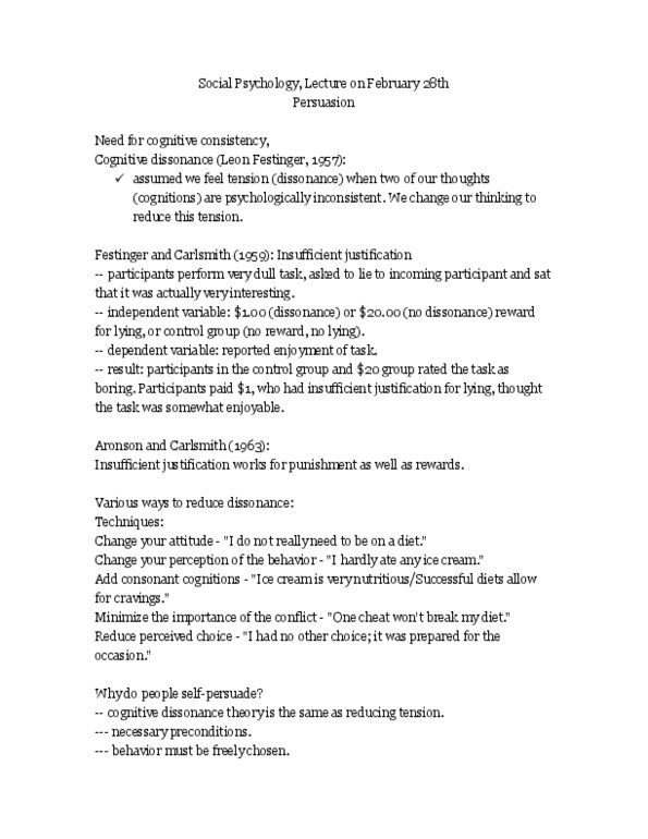 PSYCH 360 Lecture Notes - Leon Festinger, Ice Cream, Cognitive Dissonance thumbnail