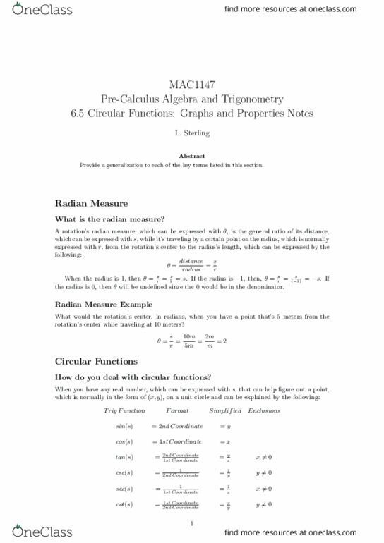 MAC1147 Lecture 5: 6.5 Circular Functions Graphs and Properties Notes thumbnail