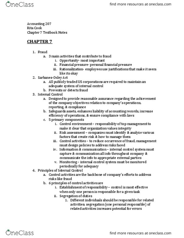 ACCT207 Chapter 7: Fraud, Internal Control, and Cash Ch. 7 thumbnail