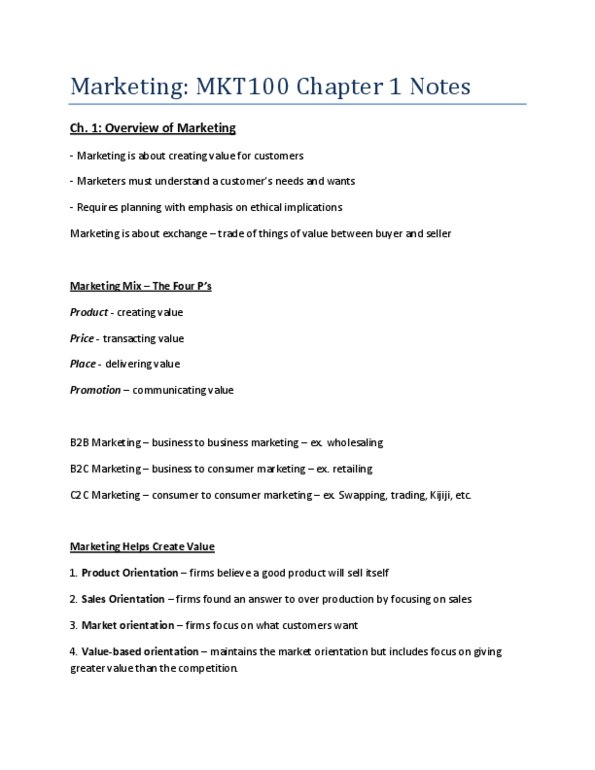 MKT 100 Chapter Notes - Chapter 1: Business Marketing, Market Orientation, Kijiji thumbnail