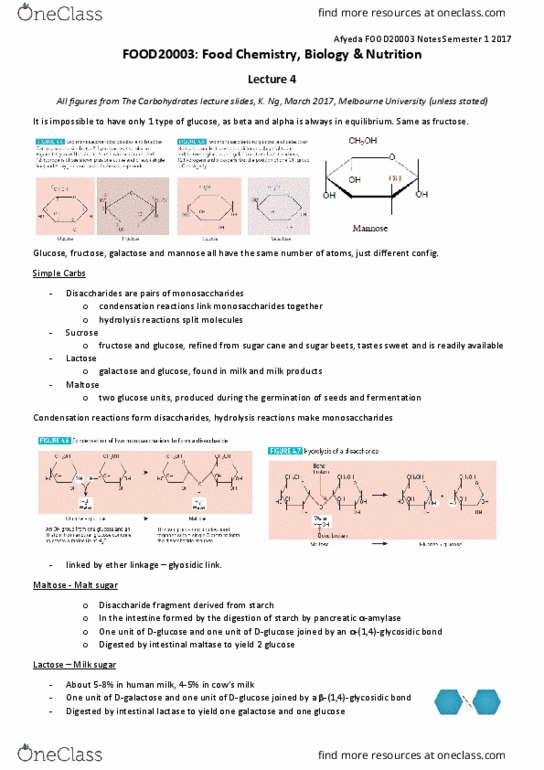 FOOD20003 Lecture Notes - Lecture 4: Glycosidic Bond, Galactose, One Unit thumbnail