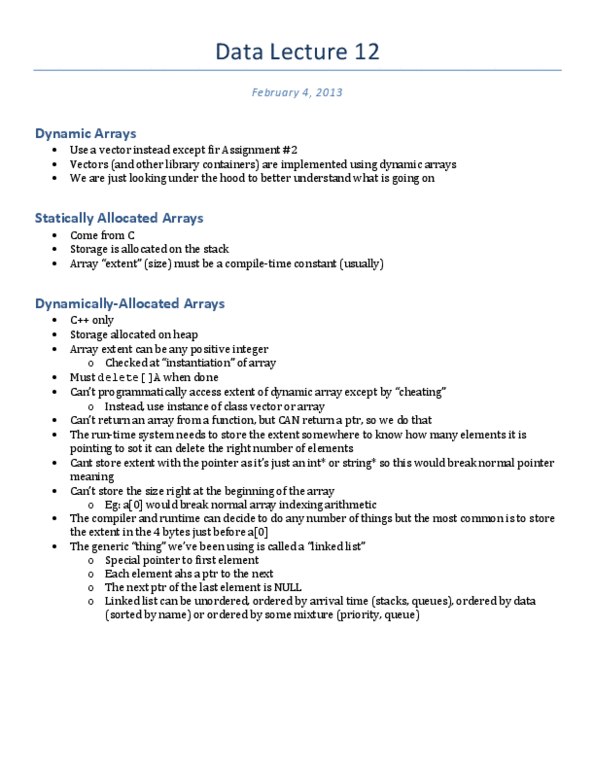 CS138 Lecture Notes - Lecture 12: Dynamic Array, Runtime System, Linked List thumbnail