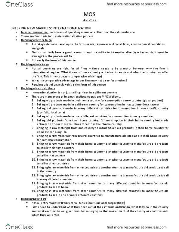 Management and Organizational Studies 2285 Lecture Notes - Lecture 3: Comparative Advantage, Market Saturation, Switching Barriers thumbnail