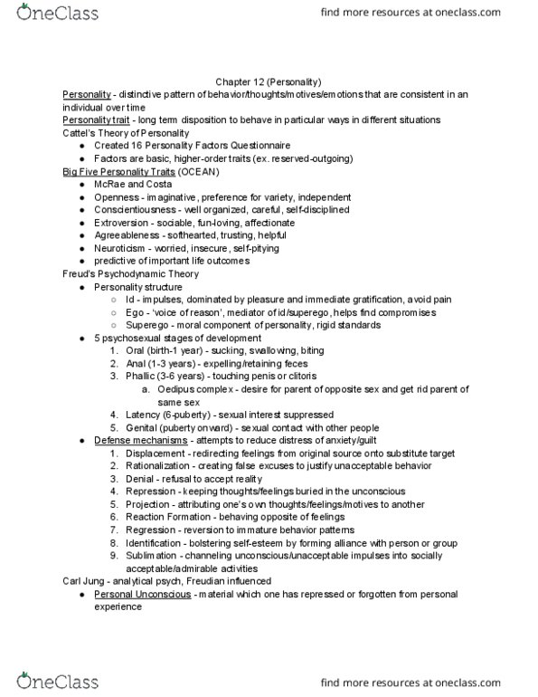 PSYCH 111 Chapter Notes - Chapter 12: 16Pf Questionnaire, Carl Jung, Oedipus Complex thumbnail