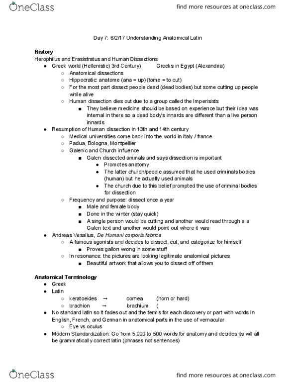 C C 306M Lecture Notes - Lecture 7: Terminologia Anatomica, De Humani Corporis Fabrica, Terminologia Embryologica thumbnail