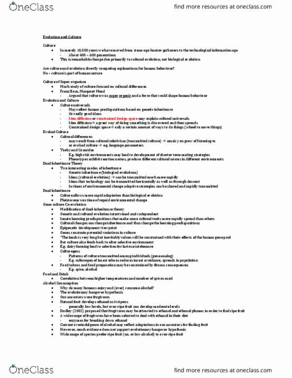 Psychology 3228 Lecture Notes - Lecture 7: Dual Inheritance Theory, Memetics, Alcohol Dehydrogenase thumbnail