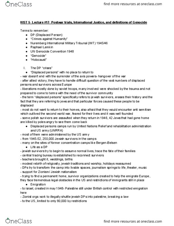 HIST 5 Lecture 17: HIST 5- Lecture #17- Postwar trials, International Justice, and definitions of Genocide thumbnail