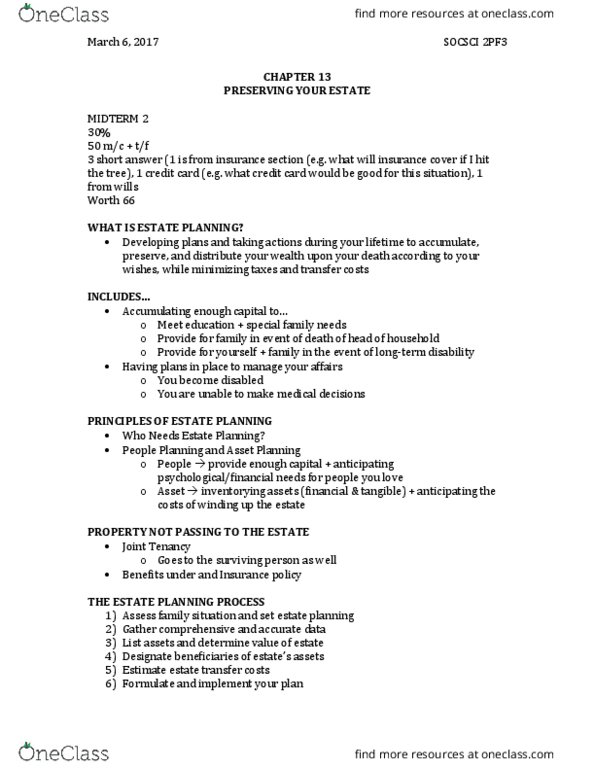 SOCSCI 2PF3 Lecture 13: Chapter 13 - Preserving your Estate thumbnail