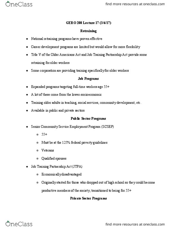 GERO 200 Lecture Notes - Lecture 17: Social Programs In The United States, Job Training Partnership Act Of 1982, Older Americans Act thumbnail