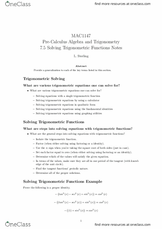 MAC1147 Lecture 11: 7.5 Solving Trigonometric Functions Notes thumbnail