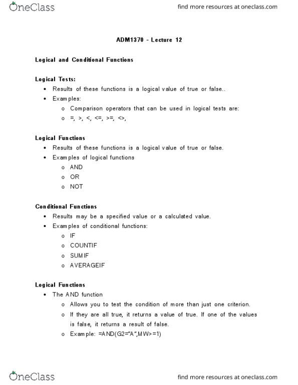 ADM 1370 Lecture 12: Logical and Conditional Functions thumbnail