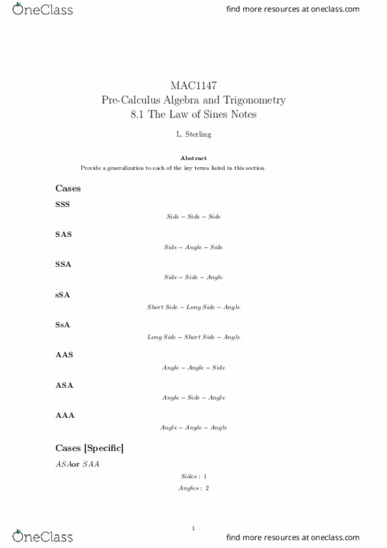 MAC1147 Lecture 12: 8.1 The Law of Sines Notes thumbnail