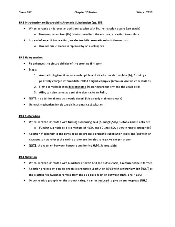 CHEM267 Chapter Notes - Chapter 19: Electrophilic Aromatic Substitution, Nucleophilic Aromatic Substitution, Nitro Compound thumbnail