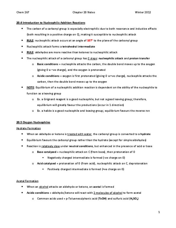 CHEM267 Chapter Notes - Chapter 20: Nucleophilic Addition, Grignard Reaction, Steric Effects thumbnail