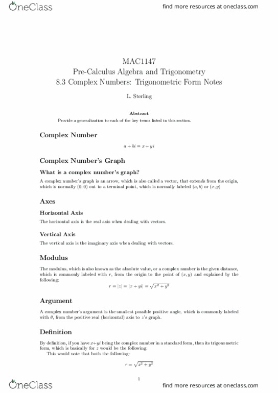 MAC1147 Lecture 14: 8.3 Complex Numbers Trigonometric Form Notes thumbnail