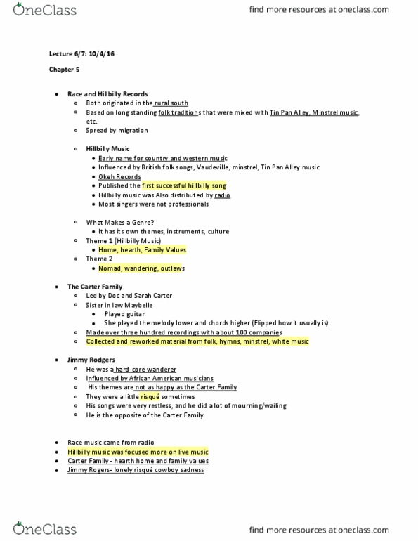 MUSI 102 Lecture Notes - Lecture 7: Charley Patton, Blind Lemon Jefferson, Ragtime thumbnail