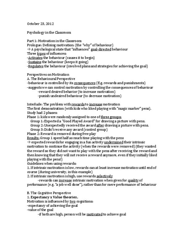 Psychology 2990A/B Lecture Notes - Motivation, Educational Psychology, Controllability thumbnail