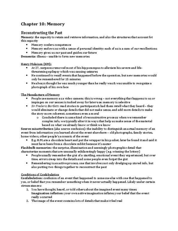 PS102 Chapter Notes - Chapter 10: Implicit Memory, Episodic Memory, Frederic Bartlett thumbnail