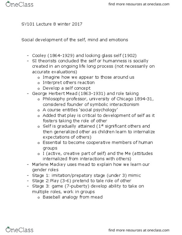 SY101 Lecture Notes - Lecture 8: George Herbert Mead, Symbolic Interactionism, Social Change thumbnail