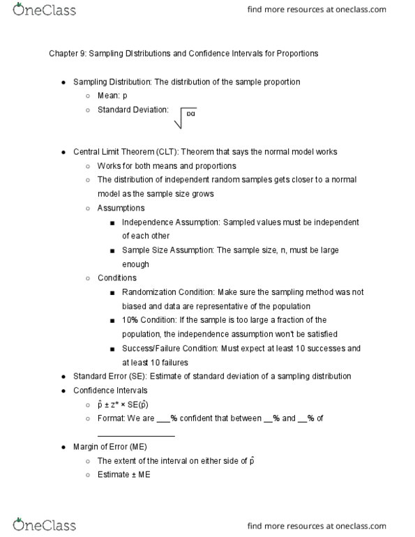 STA 309 Chapter Notes - Chapter 9: Central Limit Theorem, Sampling Distribution, Standard Deviation thumbnail