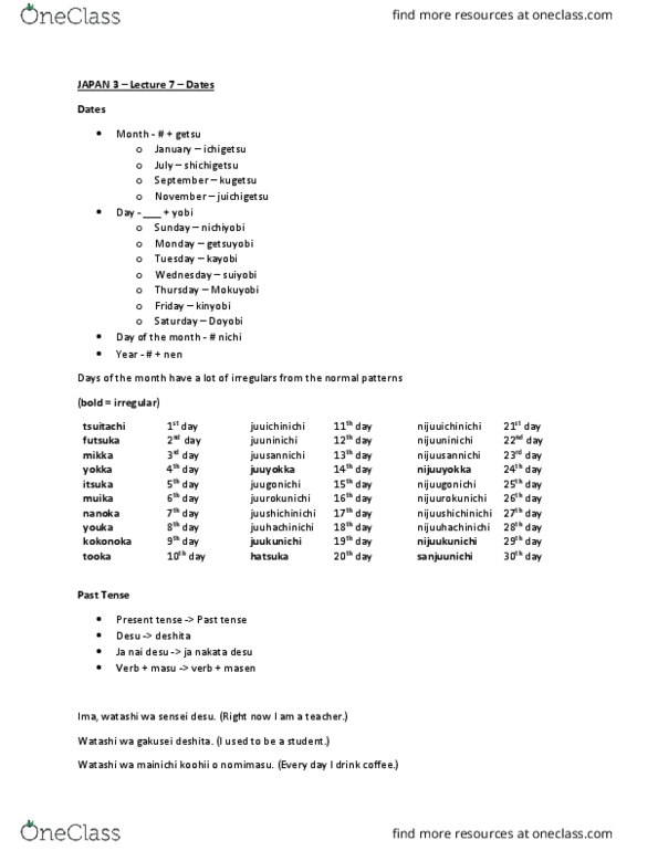 JAPAN 3 Lecture Notes - Lecture 7: Watashi Wa, Sensei, Binary Prefix thumbnail