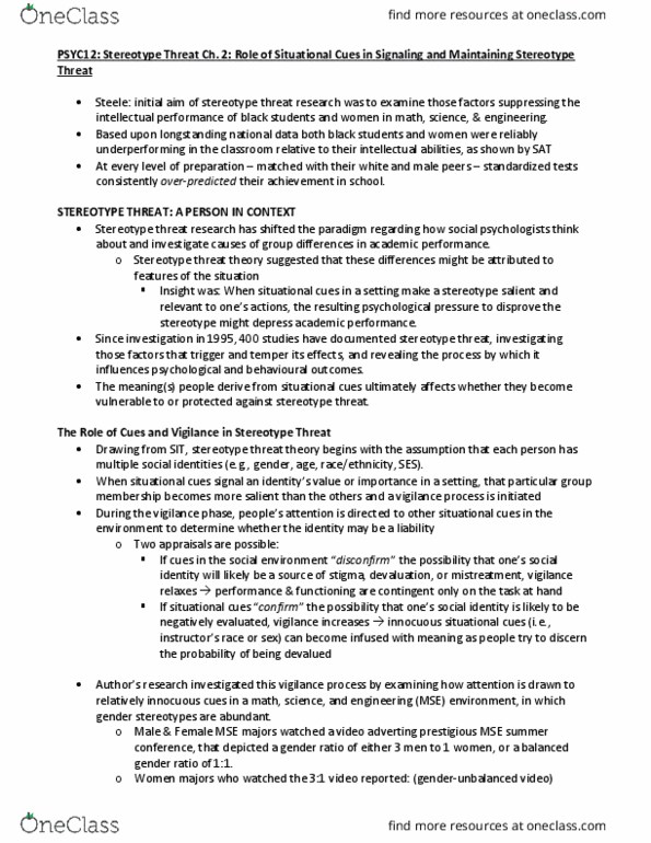 PSYC12H3 Chapter Notes - Chapter 2: Word Game, Ingroups And Outgroups, Stereotype Threat thumbnail