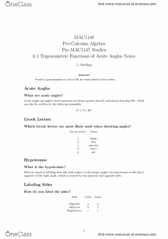 MAC1140 Lecture Notes - Lecture 1: Alpha Beta Gamma, Hypotenuse, Trigonometric Functions thumbnail