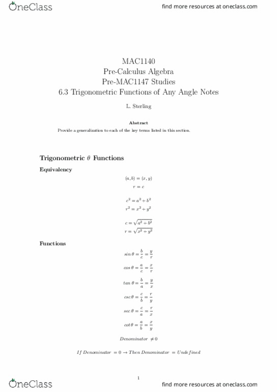 MAC1140 Lecture Notes - Lecture 3: Trigonometric Functions thumbnail