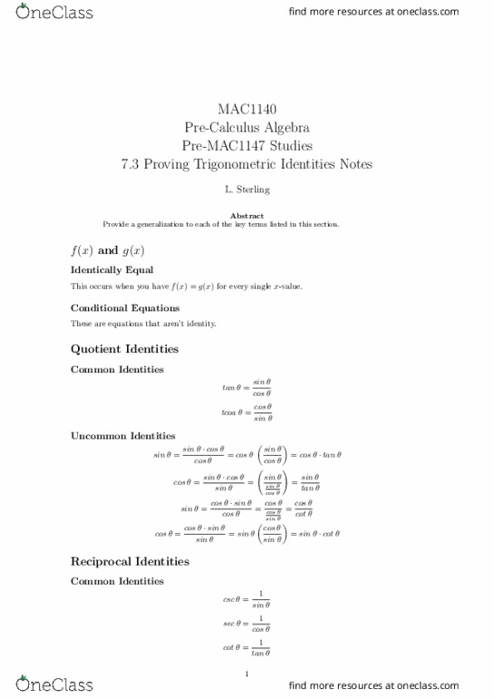 MAC1140 Lecture 9: 7.3 Proving Trigonometric Identities Notes thumbnail