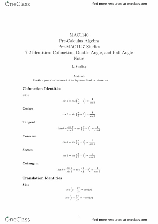 MAC1140 Lecture Notes - Lecture 8: Hyperbolic Function, Trigonometric Functions thumbnail