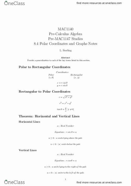 MAC1140 Lecture Notes - Lecture 15: Logarithmic Spiral, Cartesian Coordinate System, Polar Coordinate System thumbnail