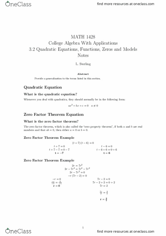 MATH-1428 Lecture Notes - Lecture 12: Quadratic Formula thumbnail