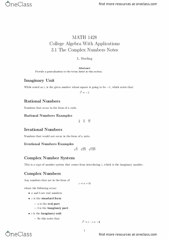 MATH-1428 Lecture Notes - Lecture 11: Quadratic Equation, Quadratic Formula, Imaginary Number thumbnail