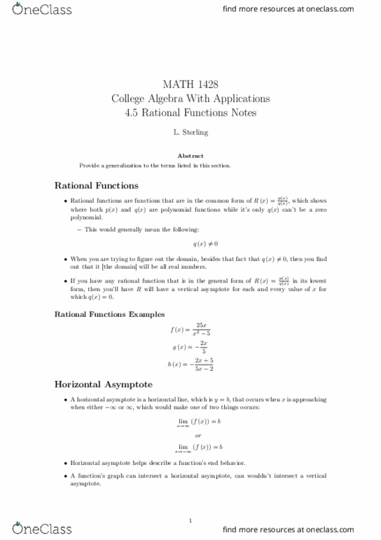 MATH-1428 Lecture 20: 4.5 Rational Functions Notes thumbnail