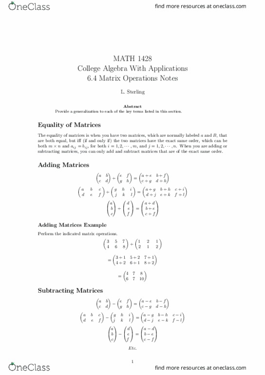 MATH-1428 Lecture Notes - Lecture 31: Scalar Multiplication, Matrix Multiplication thumbnail